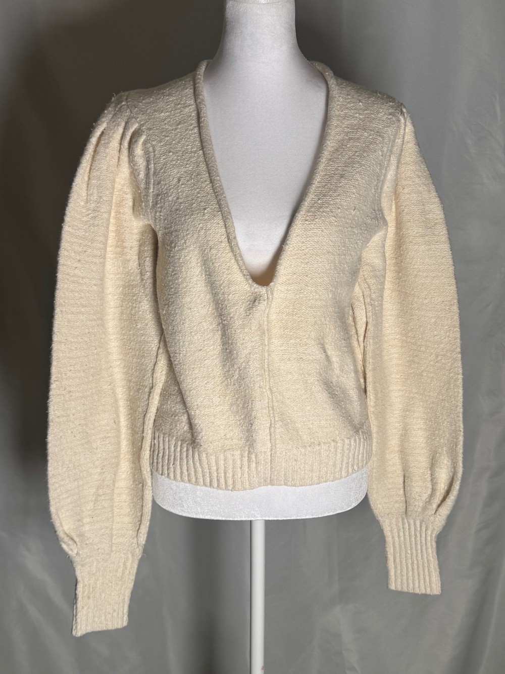 Free People Ivory Balloon Sleeve Deep V Knit Sweater Women’s Small
